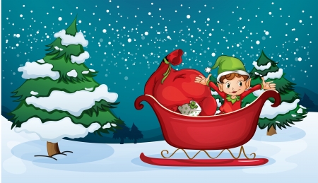 Illustration of an elf riding on a sleigh with a sack of giftsのイラスト素材