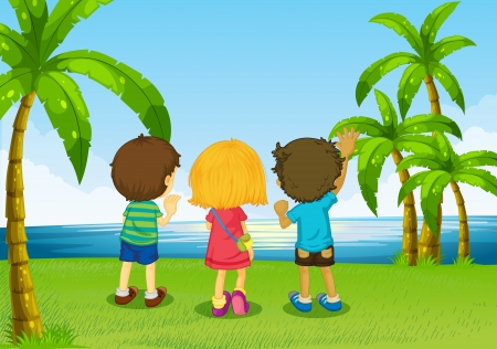 Illustration of the three kids watching the riverのイラスト素材