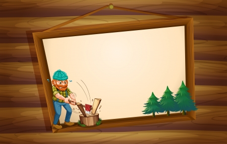Illustration of a hanging wooden signboard with a lumberjack chopping the woodsのイラスト素材