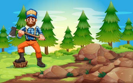 Illustration of a woodman holding an axe near the rocky areaのイラスト素材