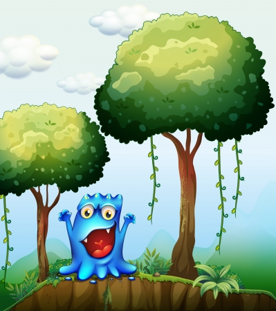 Illustration of a smiling blue monster at the forest near the cliffのイラスト素材
