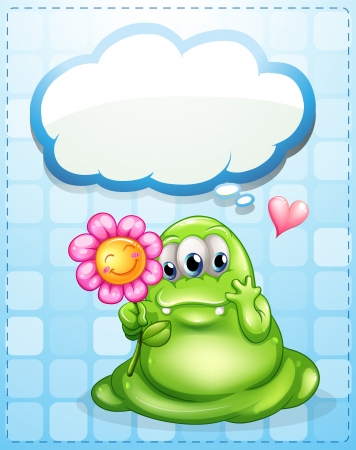 Illustration of a fat green monster holding a flower with an empty calloutのイラスト素材