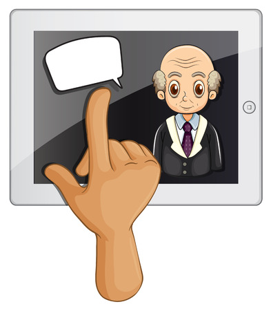 Illustration of a computer gadget with a hand touching on a white backgroundのイラスト素材