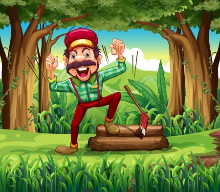 Illustration of a forest with a happy lumberjackのイラスト素材
