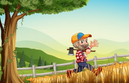 Illustration of a woodman walking at the hill happilyのイラスト素材