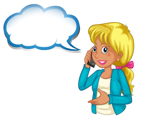 Illustration of a woman using a phone with an empty cloud template on a white backgroundのイラスト素材