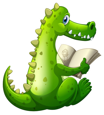 Illustration of a crocodile reading on a white backgroundのイラスト素材