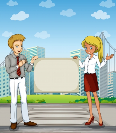Illustration of a man and a woman at the pedestrian lane holding an empty signboardのイラスト素材