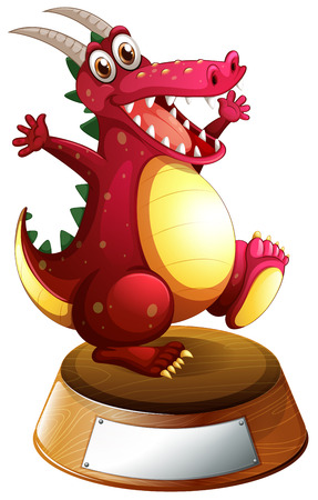 Illustration of a red dragon with a horn above the empty template on a white backgroundのイラスト素材