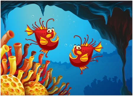 Illustration of the two fishes under the sea near the coral reefs on a white backgroundのイラスト素材