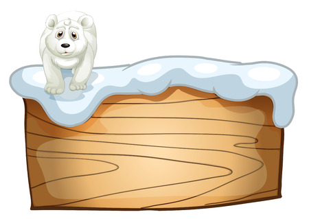 Illustration of a white polar bear above the wooden signboard on a white backgroundのイラスト素材
