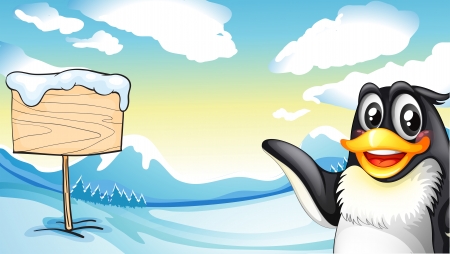 Illustration of a penguin across the empty wooden boardのイラスト素材