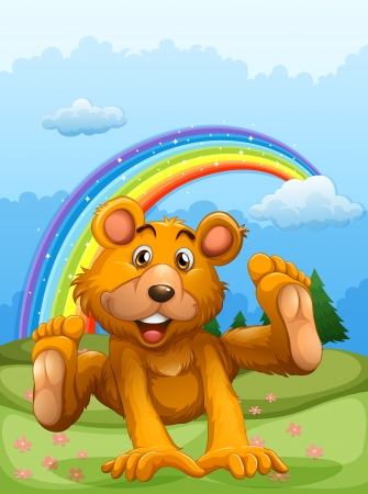 Illustration of a happy bear playing with a rainbow at the backのイラスト素材