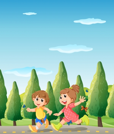 Illustration of the two cute kids running at the roadのイラスト素材