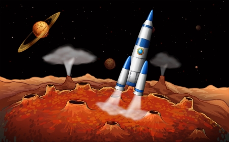 Illustration of the planets and a spaceship at the outerspaceのイラスト素材