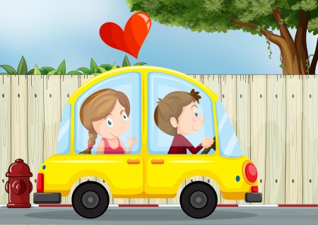 Illustration of a couple inside the yellow carのイラスト素材