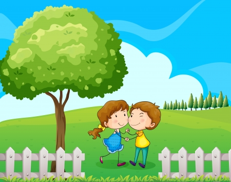 Illustration of a couple near the treeのイラスト素材