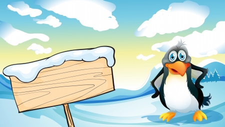 Illustration of a penguin beside the empty wooden signboardのイラスト素材