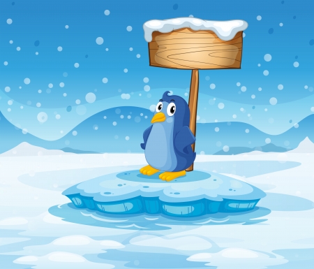 Illustration of a little penguin under the empty wooden signboardのイラスト素材