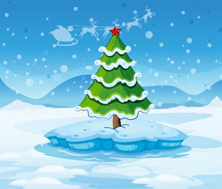 Illustration of a pine tree above an iceberg with a red starのイラスト素材