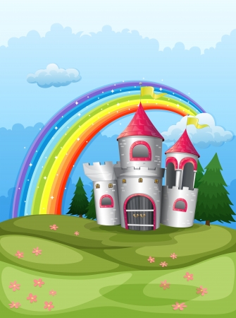 Illustration of a castle at the hilltop with a rainbowのイラスト素材