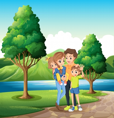 Illustration of a family at the riverbankのイラスト素材