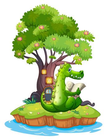 Illustration of a crocodile in an island reading on a white backgroundのイラスト素材