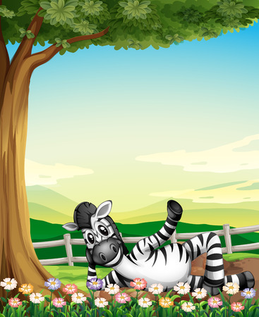 Illustration of a smiling zebra under the tree near the flowersのイラスト素材