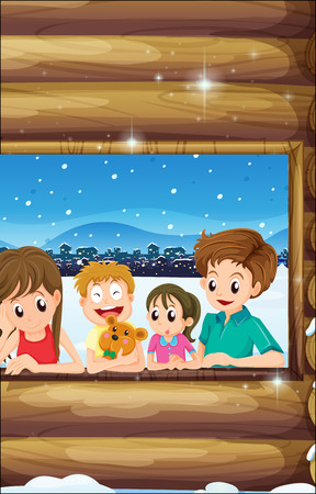 Illustration of a family at the windowのイラスト素材
