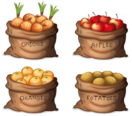 Illustration of the sacks of fruits and crops on a white backgroundのイラスト素材