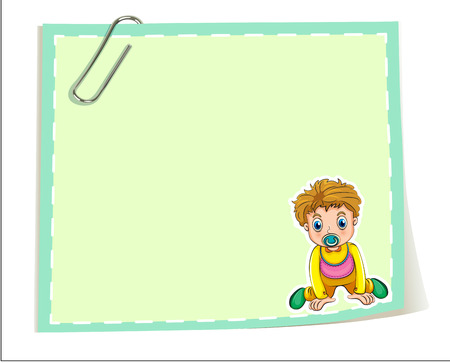 Illustration of an empty paper template with a paper clip and a young boy on a white backgroundのイラスト素材