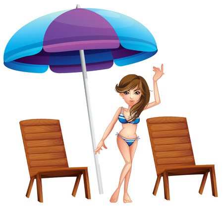 Illustration of a pretty girl at the beach near the wooden chairs on a white backgroundのイラスト素材
