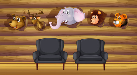 Illustration of a living room with stuffed head decorationsのイラスト素材