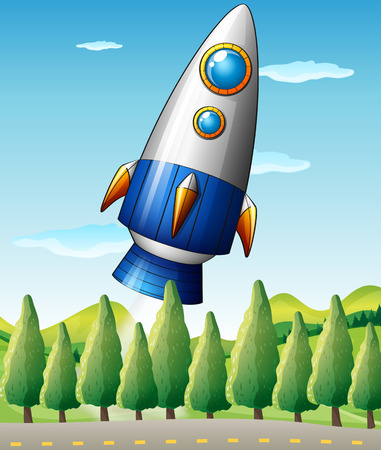 Illustration of an airship above the pine trees at the streetのイラスト素材