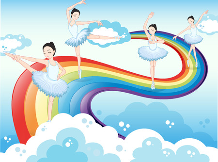 Illustration of the ballet dancers in the sky with a rainbowのイラスト素材