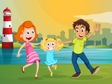 Illustration of a happy family near the river across the lighthouseのイラスト素材
