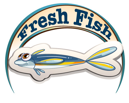 Illustration of a fresh fish label with a small fish on a white backgroundのイラスト素材
