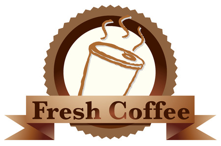 Illustration of a fresh coffee label with a disposable coffee glass on a white backgroundのイラスト素材