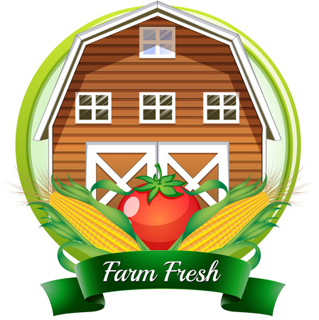Illustration of a farm fresh label with a brown barnhouse, a tomato and corns on a white backgroundのイラスト素材