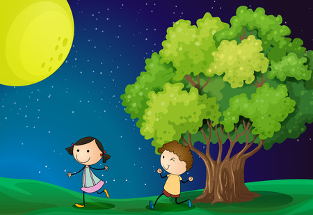 Illustration of a girl and a boy playing under the bright fullmoonのイラスト素材