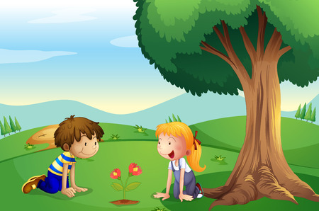 Illustration of a girl and a boy watching the plant growのイラスト素材