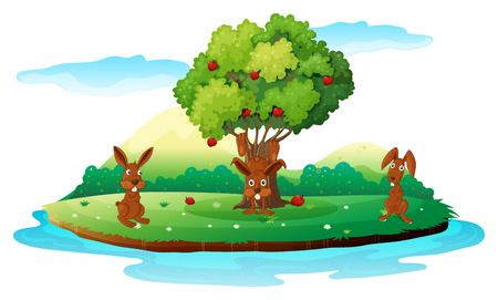 Illustration of an island with three playful rabbits on a white backgroundのイラスト素材
