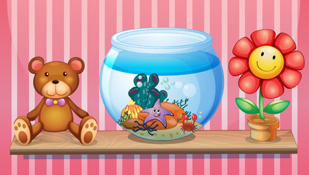 Illustration of a shelf with a bear, an aquarium and a toy flowerのイラスト素材
