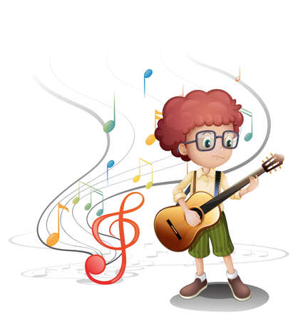 Illustration of a young musician playing a guitar on a white backgroundのイラスト素材