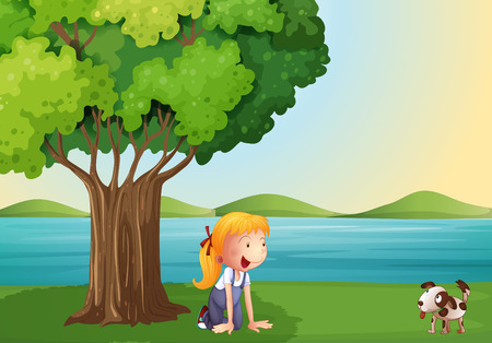 Illustration of a young girl and her pet near the treeのイラスト素材