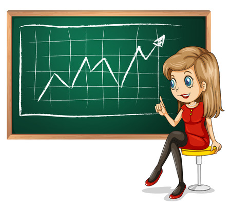 Illustration of a girl explaining the graph while sitting down on a white backgroundのイラスト素材