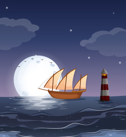 Illustration of a wooden boat in the oceanのイラスト素材