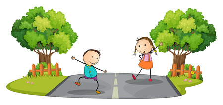 Illustration of the two kids playing at the street on a white backgroundのイラスト素材