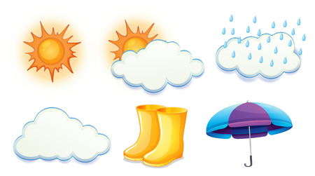 Illustration of the sunny, cloudy and rainy weathers on a white backgroundのイラスト素材