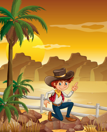 Illustration of a young cowboy at the desert near the rocksのイラスト素材